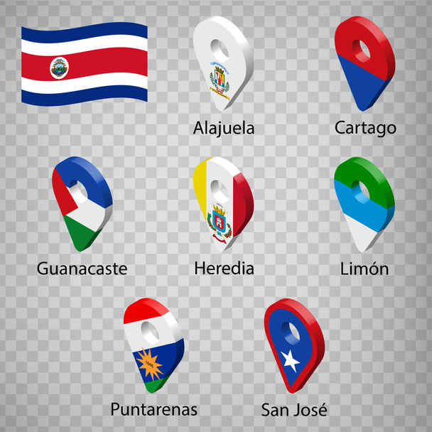 Seven  flags the Provinces of Costa Rica -  alphabetical order with name.  Set of 3d geolocation signs like flags Regions of Costa Rica.  Seven one 3d geolocation signs for your design. EPS10 - Vektor, obrázek