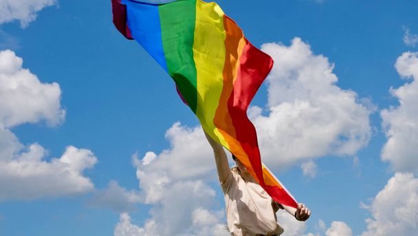 Person holding LGBT flag on sky cloudy background - Fotó, kép