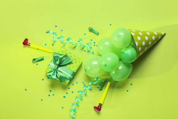 Festive composition with air balloons on color background - Fotó, kép