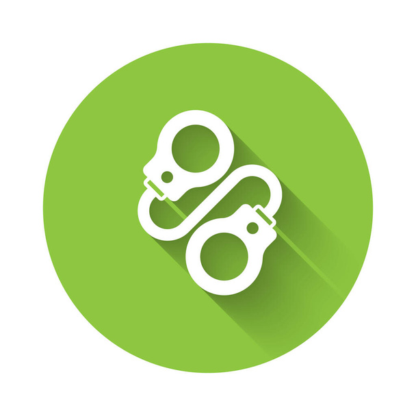 White Handcuffs icon isolated with long shadow background. Green circle button. Vector - Vettoriali, immagini
