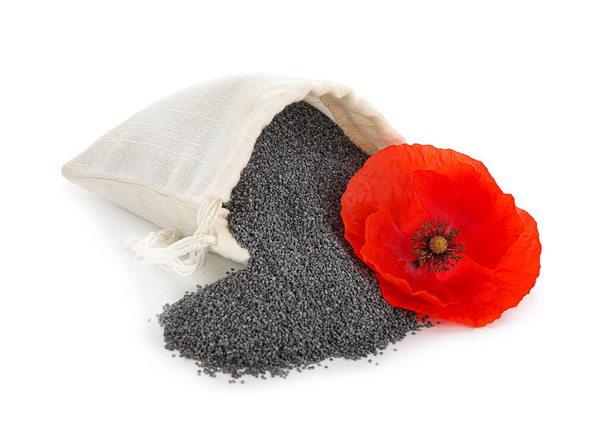Bag with poppy seeds and flower on white background - Photo, Image