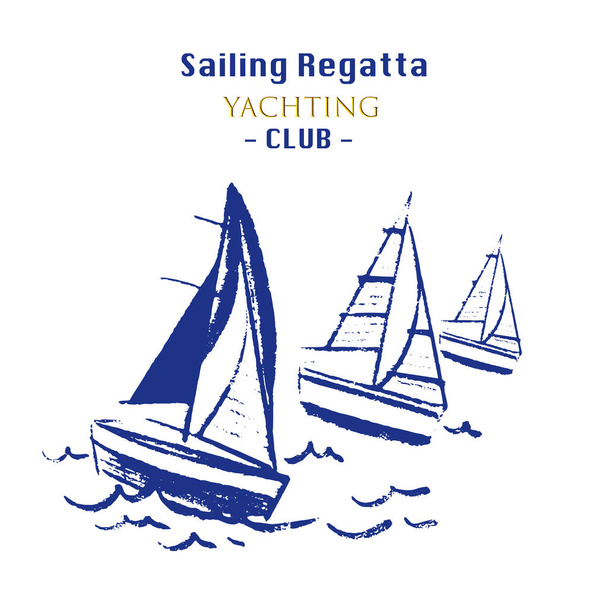 Ink yachts, sailing regatta for design posters, banners in different styles. Vector illustration, logo. - Vektor, Bild