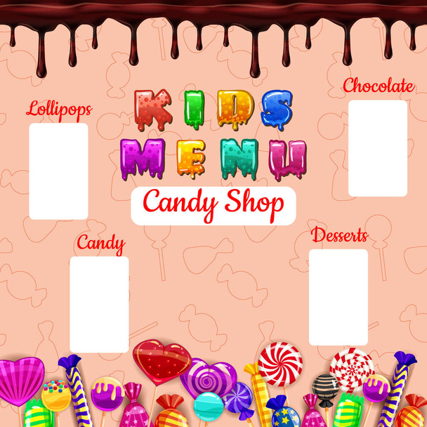 Lapset Menu, Candy Shop, makea eri hiili, tikkarit, suklaa, hyytelö. Malli menu kofeiini, kahvila, vektori kuvitus, sarjakuva tyyli - Vektori, kuva