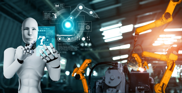 Robot industrial mecanizado y brazos robóticos para montaje en producción en fábrica . - Foto, imagen