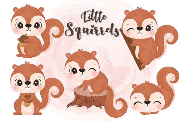 Adorable little squirrels clip-art set in watercolor illustration - Vector, Image