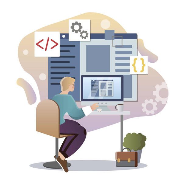 Software Development. Isolated flat style colored illustration. Cloud storage, online base, marketing solution. Programmer for work. - Vector, Image
