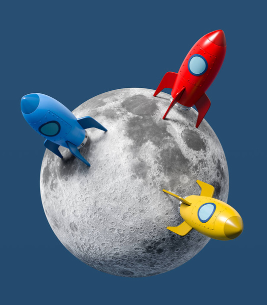 Cartoon Spaceships Landed on the Moon on Blue Background - Foto, imagen