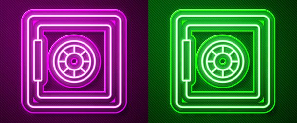 Linea neon luminosa Icona sicura isolata su sfondo viola e verde. La porta cassaforte una volta in banca con una serratura a combinazione. Protezione affidabile dei dati. Vettore - Vettoriali, immagini