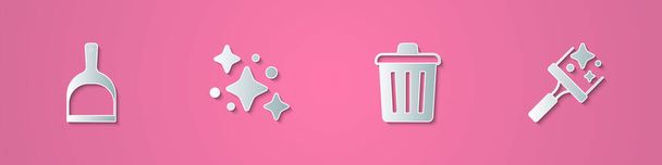 Set paper cut Dustpan, Home cleaning service, Trash can and Rubber cleaner for windows icon. Paper art style. Vector - Vecteur, image