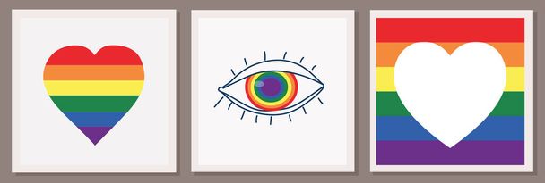 Set of three vector illustrations of the LGBT community. Hand with heart, rainbow and eye. Love lettering. LGBTQ symbols and colors. Human rights and tolerance. Happy Pride Month. - Vector, Image