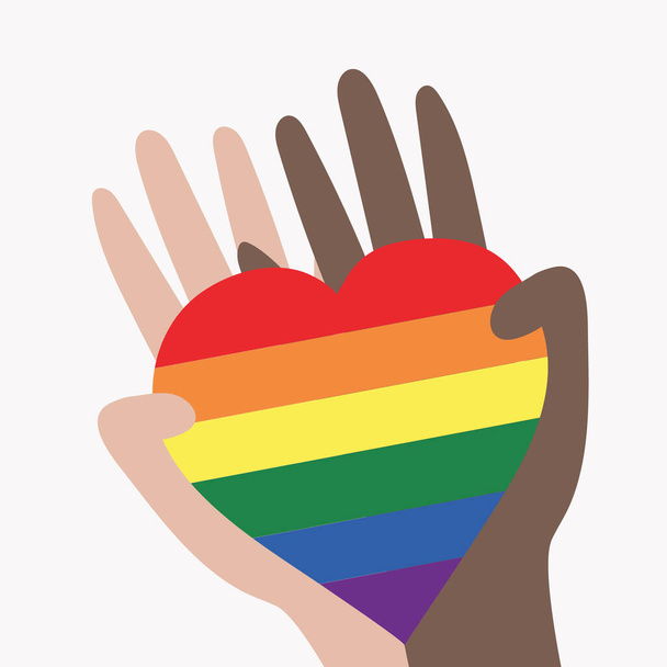 Εικονογράφηση διανύσματος της ΛΟΑΤ κοινότητας. Χέρια διαφορετικών χρωμάτων που κρατούν μια καρδιά ουράνιου τόξου. ΛΟΑΤΚΙ συμβολισμός και χρώματα. Ανθρώπινα δικαιώματα και ανοχή. Ευτυχισμένος μήνας υπερηφάνειας. Ταχυδρομική κάρτα, σχεδιασμός banner. - Διάνυσμα, εικόνα