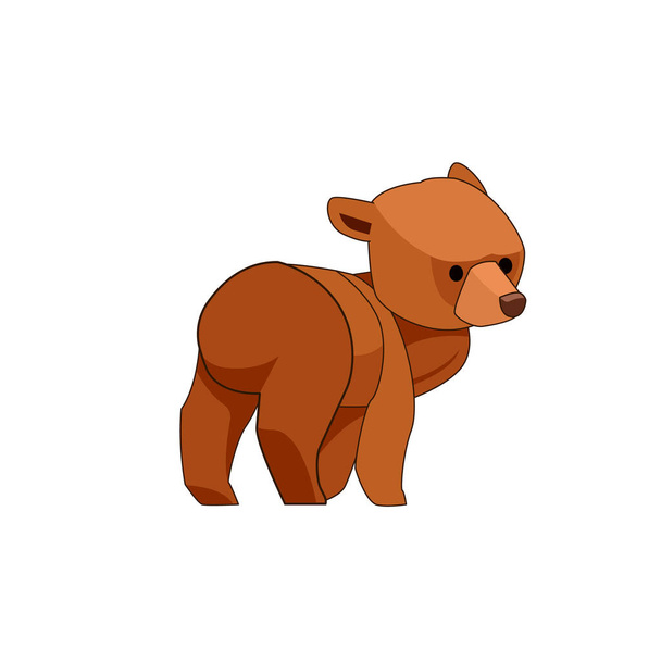 The bear cub walks and looks around in surprise. Rear view. Cartoon character of a baby mammal animal. A wild forest creature with brown fur. Vector flat illustration isolated on a white background - Vector, Image