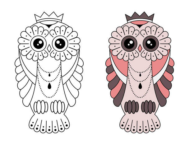 Magic stylized zentangle owl, doodle illustration for coloring. Decorative wild bird. Black outline on white background - Wektor, obraz