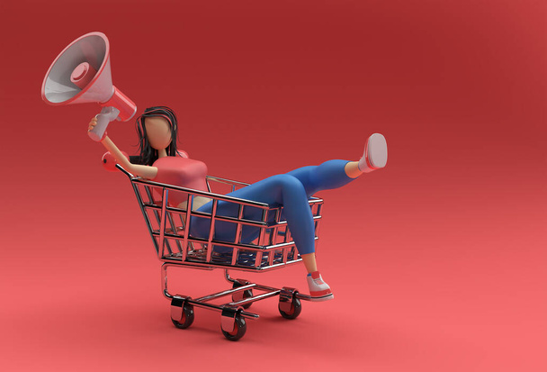 3D Render Woman with Mega Phone Shopping Cart Icon illustration Design. - Zdjęcie, obraz