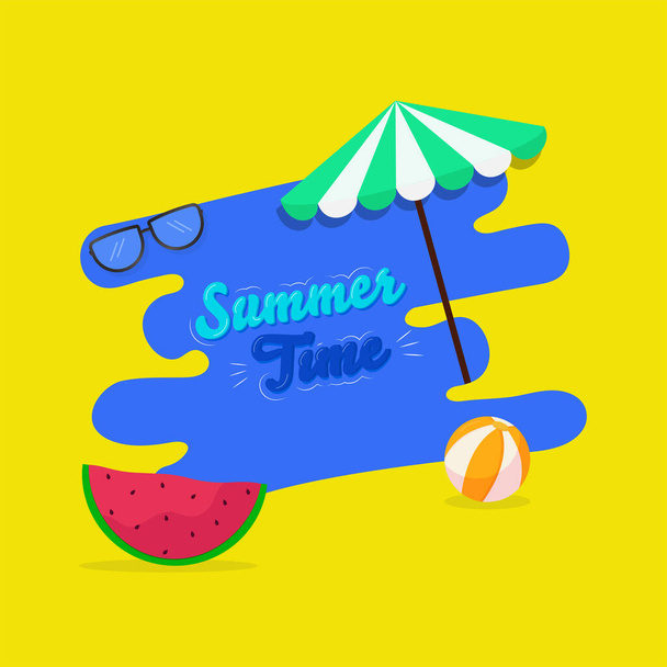 Summer Time Font With Umbrella, Eyeglasses, Watermelon Slice, Beach Ball On Blue And Yellow Background. - Vecteur, image