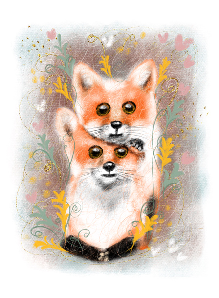 Aranyos színes kártya retro stílusban. Gyönyörű bolyhos rókák. Puha narancssárga háttérrel, kis szívekkel és növényekkel - Fotó, kép