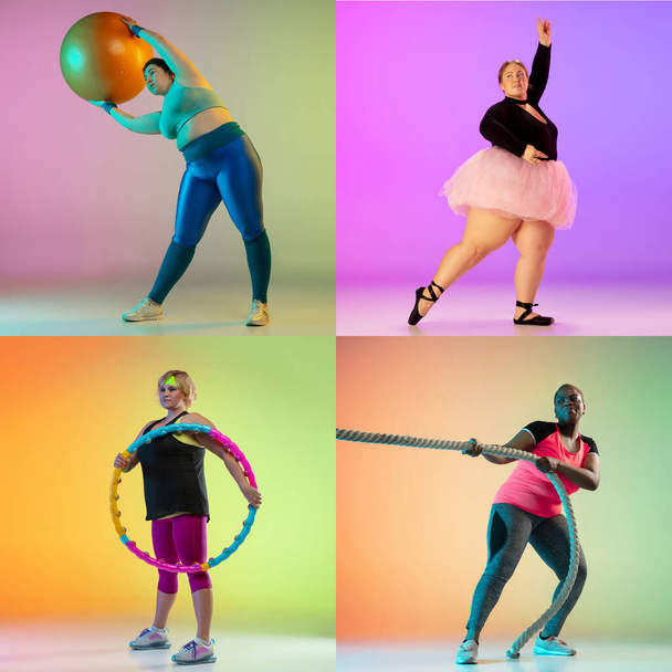 Collage of photos of plus-size women with ball isolated on green or yellow studio background. Concept of fitness, healthy lifestyle and beautiful body - Φωτογραφία, εικόνα