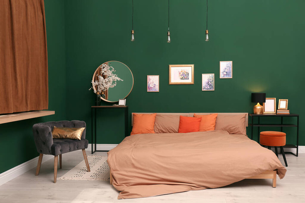 Stylish bedroom with modern furniture. Interior design - Фото, изображение