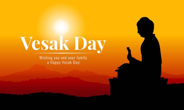 vesak day banner with Silhouette Big Buddha statue on mountain view in evening time vector design - Διάνυσμα, εικόνα