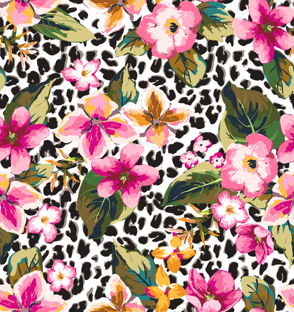 Seamless tropical flower with leopard background vector pattern - Vector, Image