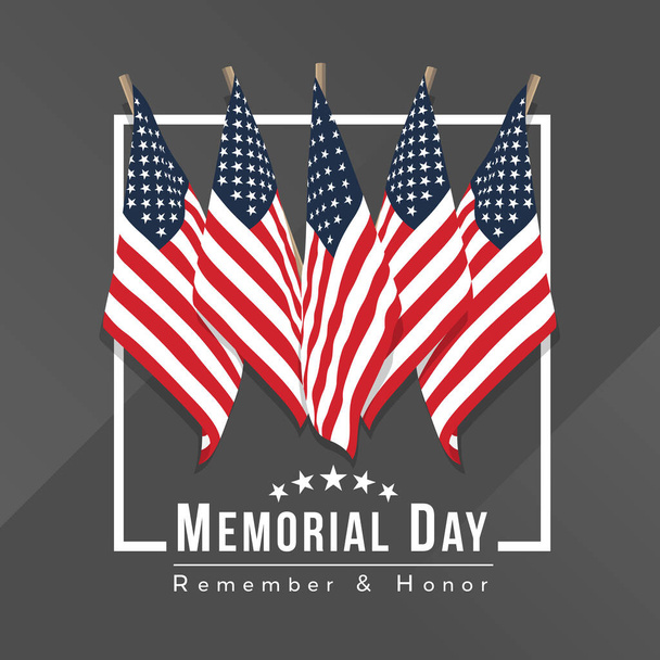 memorial day for usa banner with group of usa flags in white frame on gray background vector design - Vector, Image