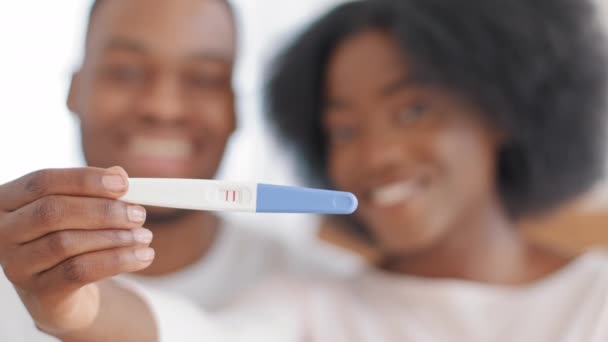 Casal afro-americano desfocado etnia negra jovem família encaracolado mulher e homem sorrindo mostrando resultado positivo teste de gravidez na câmera alegrar menina grávida futura mãe compartilhar boas notícias sobre o bebê por nascer - Filmagem, Vídeo