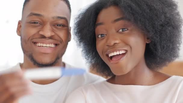 Porträt eines glücklichen afrikanisch-amerikanischen Paares verheiratete Frischvermählte afro Mann Ehemann und lockig schöne schwangere Frau zukünftige Eltern zeigen positiven Schwangerschaftstest lächelnd freuen sich ungeborenen Kind erwartet - Filmmaterial, Video