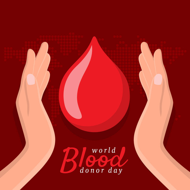 World blood donor day with hand hold care Blood drop on red dot earth map texture background - Vector, Imagen