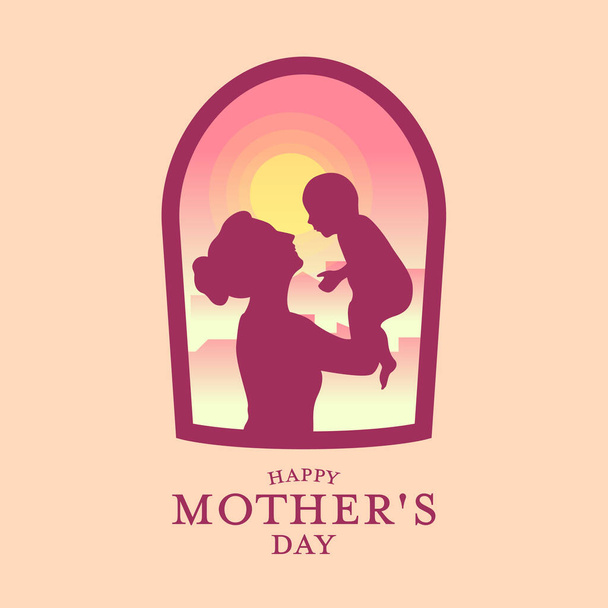 Happy Mother's day banner with Silhouette father carrying a baby in window view and ptng background vector design - Vector, Image