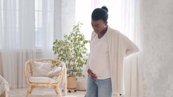 Young african american pregnant woman holding tummy belly expecting future mom screaming suffering from contractions pain birth baby caring husband father afro man hugs cuddles support wife at home - Imágenes, Vídeo