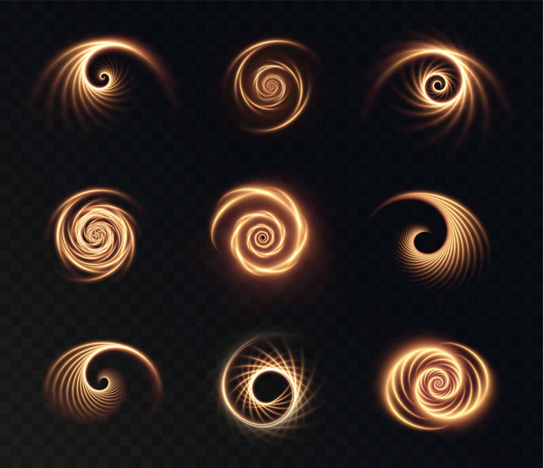 Set of luminous golden spirals on a transparent background. Light gold m oving curls.Golden abstract light lines move quickly in a circle. Digital design element for advertising, logo, games, frames. - Vector, Image