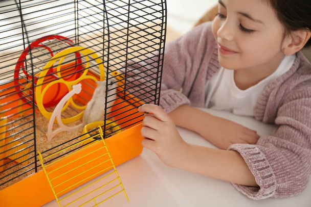 Little girl and her hamster in cage at home - Fotografie, Obrázek