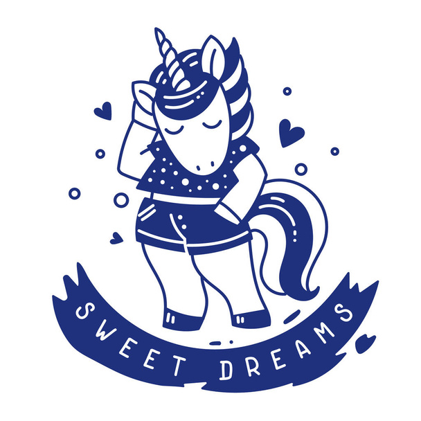 Vector illustration of beautiful blue and white unicorn with horn in a t-shirt and shorts on color background with heart and ribbon - Вектор, зображення