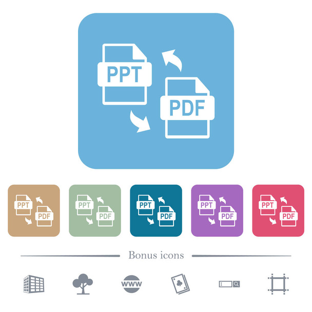 PPT PDF file conversion white flat icons on color rounded square backgrounds. 6 bonus icons included - Vector, imagen