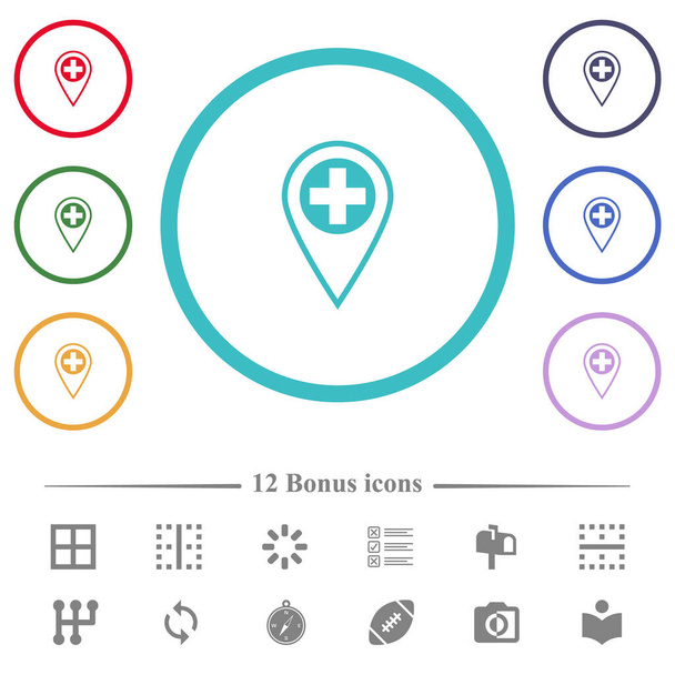 Add new GPS location flat color icons in circle shape outlines. 12 bonus icons included. - Vector, Image