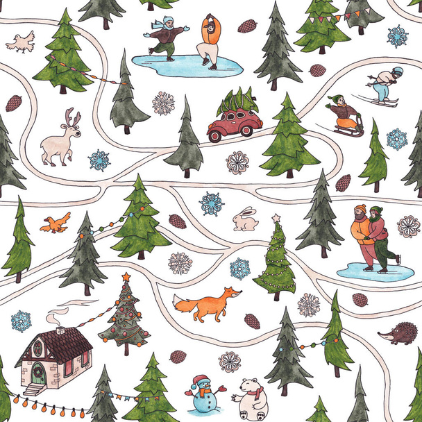 Zökkenőmentes minta akvarell firkák újévi dekoráció beleértve: karácsonyfák, fenyőerdő, hóember, autó, jegesmedve, gyermek szánkózás, korcsolyázás, síelés, ház, róka, sündisznó, nyúl - Fotó, kép