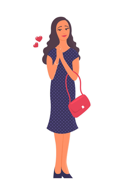 Illustration of a pretty young woman in love with a white background. Dressed in a dress, in a handbag. Nearby there are hearts in love. Vector cartoon romantic illustration. - Vector, Image