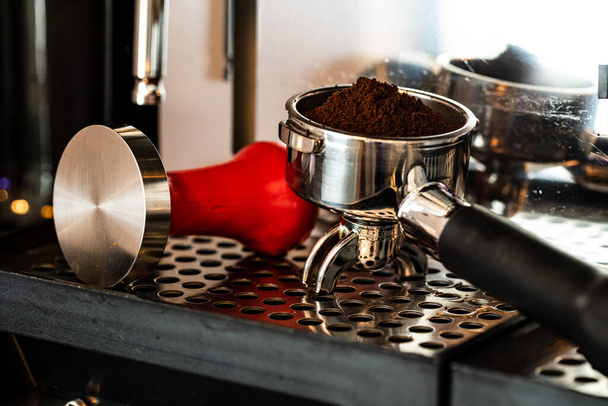 Close up image of professional espresso machine and fresh coffee - Zdjęcie, obraz