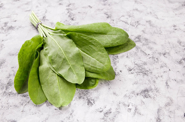 Friss bio sóska, egy asztalon tavaszi zöld zöldségleveshez és salátához. Tavaszi zöld zöldségek - sóska spenót - Fotó, kép