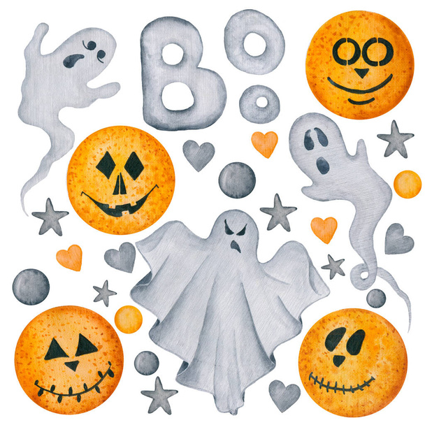 6012 Aquarel Halloween geesten en griezelige oranje gezichten clipart, illustratie op witte achtergrond - Foto, afbeelding