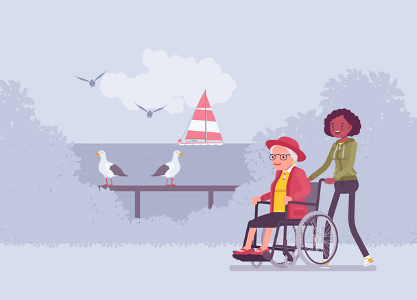 Cadeira de rodas feminino sênior, mulher deficiente idade ao ar livre andando com enfermeira - Vetor, Imagem