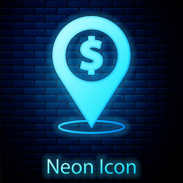 Ragyogó neon Cash hely pin ikon elszigetelt téglafal háttér. Mutató és dollár szimbólum. A pénz helye. Üzleti és befektetési koncepció. Vektor - Vektor, kép
