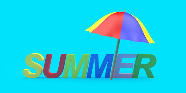 Kolorowy tekst Lato z parasolem plażowym na niebiesko. Ilustracja 3D  - Zdjęcie, obraz