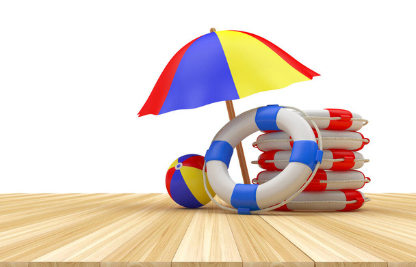 Beach umbrella with a stack of lifebuoys on a wooden surface. 3d illustration  - Foto, afbeelding