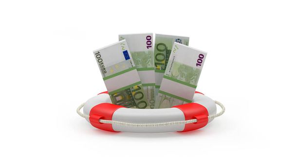 Банкноты евро в спасательном круге на белом. 3d иллюстрация - Фото, изображение