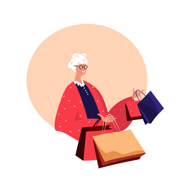 Sorridente vecchia pensionato donna signora nonna andare a fare shopping Acquista acquisti, Abbigliamento nei negozi. Illustrazione vettoriale piatta su sfondo bianco - Vettoriali, immagini