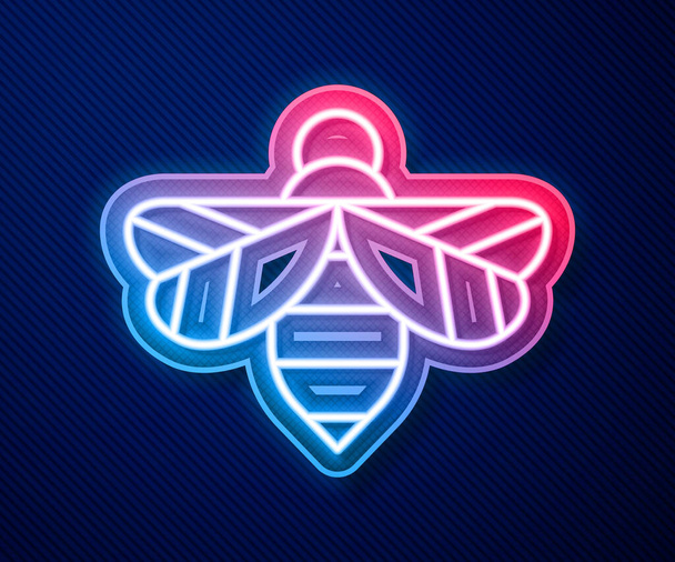 Linha de néon brilhante ícone de abelha isolado no fundo azul. Comida natural doce. Abelha ou apis com símbolo de asas. Inseto voador. Vetor - Vetor, Imagem