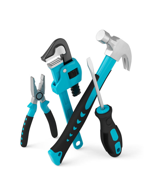 Isometric view of green construction tools for repair on white - Foto, imagen