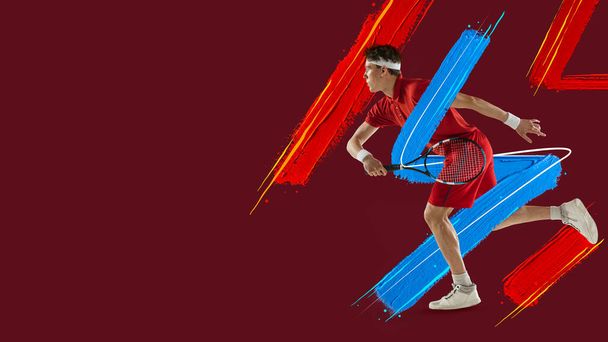 Portarit of Caucasian man, professional tennis player isolated on dark red background. Flyer - Foto, Imagem