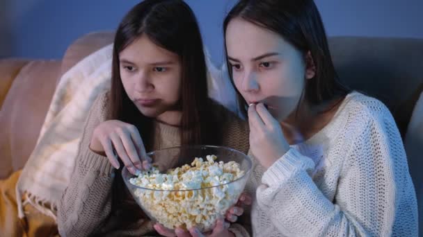 Two girls eating popcorn from big bowl while watching scary horror movie on TV - Footage, Video